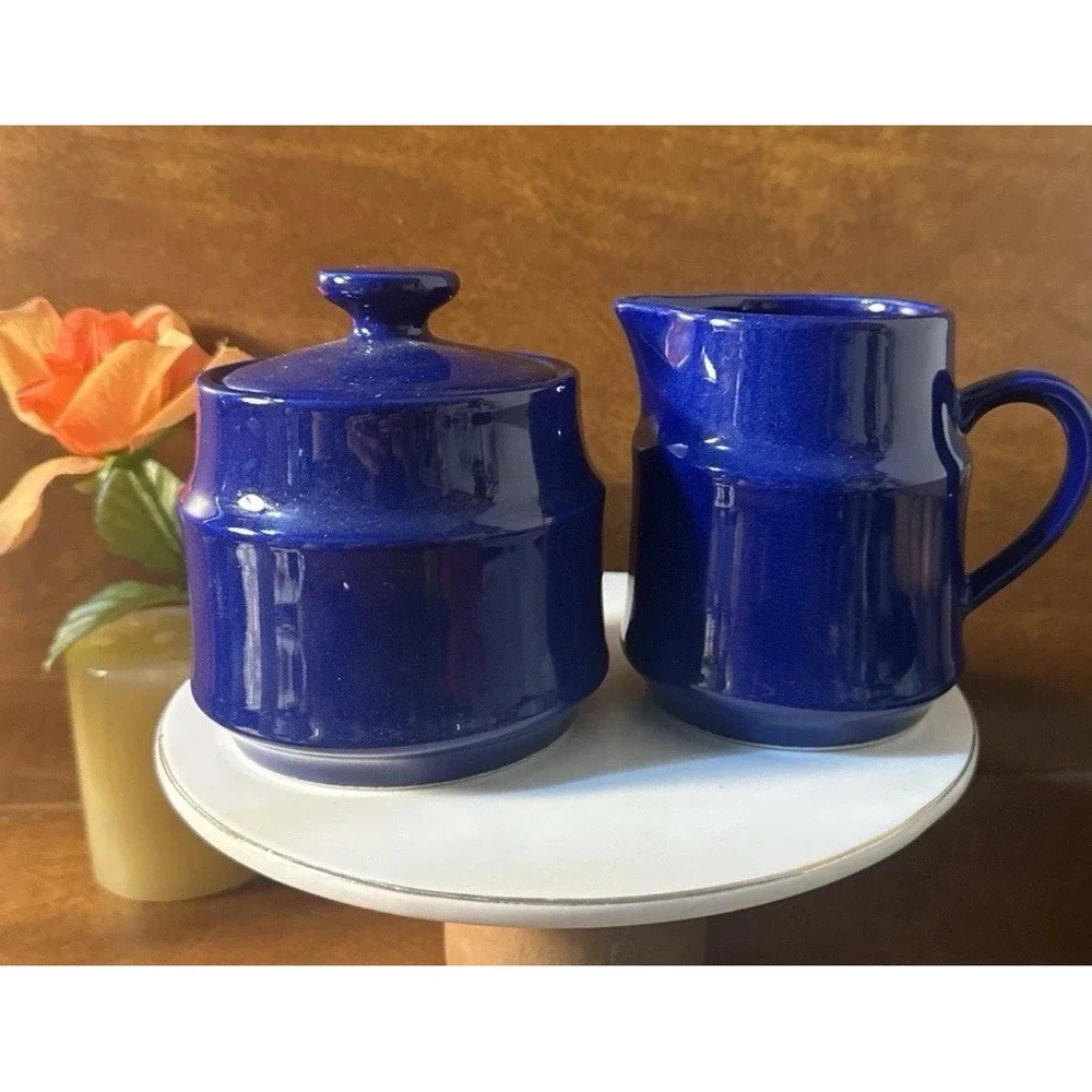 VTG Cobalt Blue Creamer Sugar Set Style Hour Made In Japan